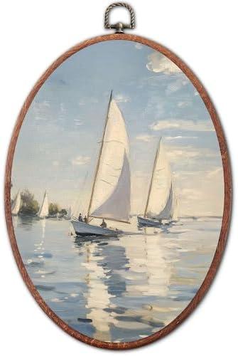 Jinhaichen Vintage Sailboat Painting Print Oval Wall Art Framed, Antique Lake House Seascape Oval Wall Decor, Nautical Hanging Canvas Prints for Bedroom Living Room Decoration, 8.6x11.4 Inch