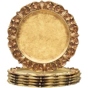MAONAME 14" Antique Gold Charger Plates with Embossed Rims, Set of 6, Plastic Plate Chargers for Dinner Plates, Table Setting