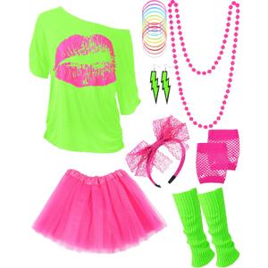 80s Outfit Costume Accessories for Women Neon T Shirt Tutu Skirt for Mardi Gras (X-Small, Fluorescent Green With Rose Red)