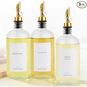 Ezebesta Set of 3 Coffee Syrup Glass Dispenser Bottles 16.23oz Pump Bottles with 20 Labels for Coffee Bar Organization