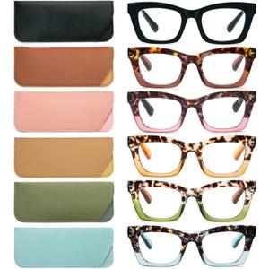 REAVEE 6 Pack Reading Glasses for Women Blue Light Blocking, Cute Square Computer Readers with Spring Hinge