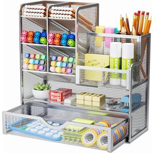 Marbrasse Mesh Pen Holder for Desk, Pen Organizer with Drawer, Multi-Functional Pencil Organizer, Desk Organizers and Accessories for Office Art Supplies (Silver)