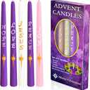 Advent Candles Set of 5 Christmas Taper Candles 8 Hour Burn Seasonal Candle with Words Love, Peace, Hope, Joy,Jesus for Holidays, Party, Advent Wreath Candle Holder 3 Purple, 1 Pink, 1 White
