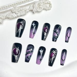 Dark Press on Nails Long Square Fake Nails with 3D Snake Rhinestones Design Purple Gradient Acrylic Nails Flame False Nails Tip Glitter Star Swirl Artificial Nails Glossy Glue on Nails for Women 24Pcs