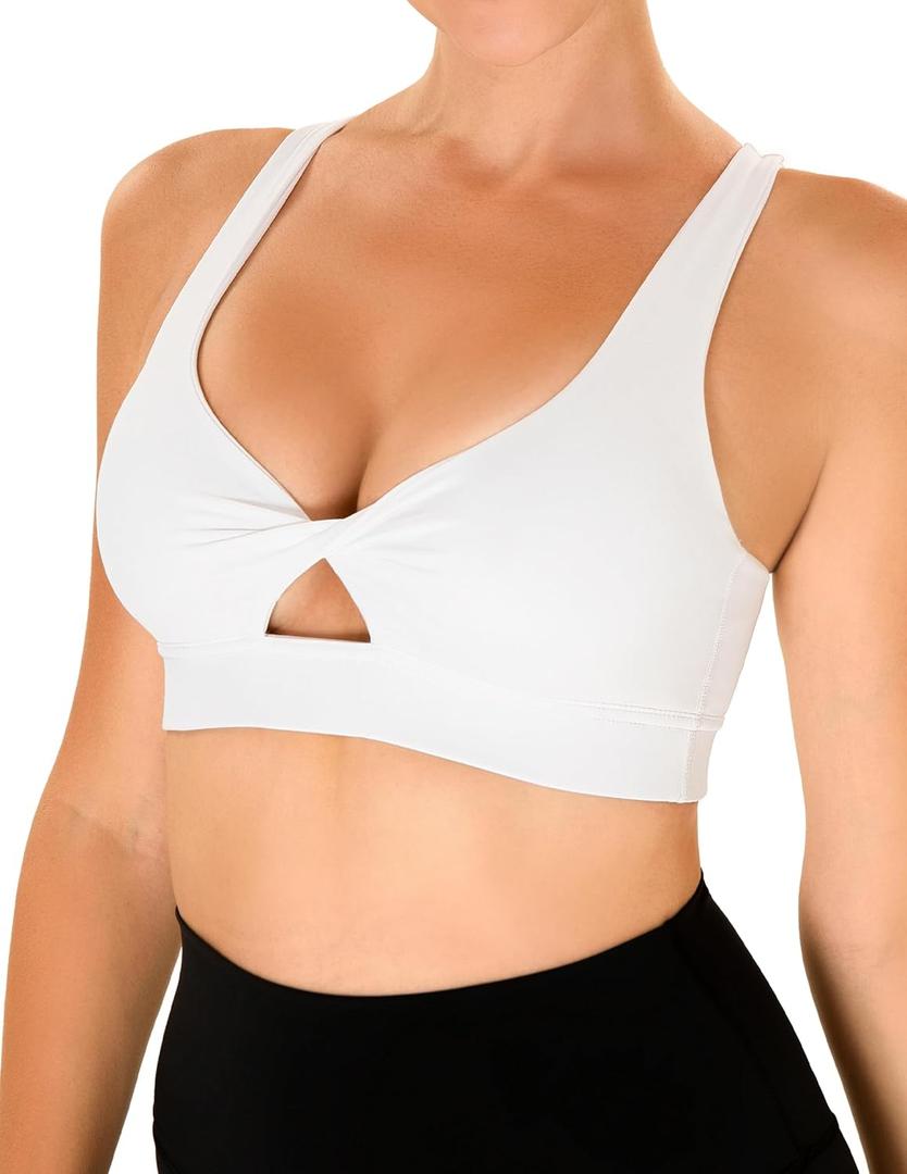 YUNOGA Women's Workout Push Up Bras Twist Front Cropped Yoga Bra with Removable Pads and Supportive Criss Cross Back (White)