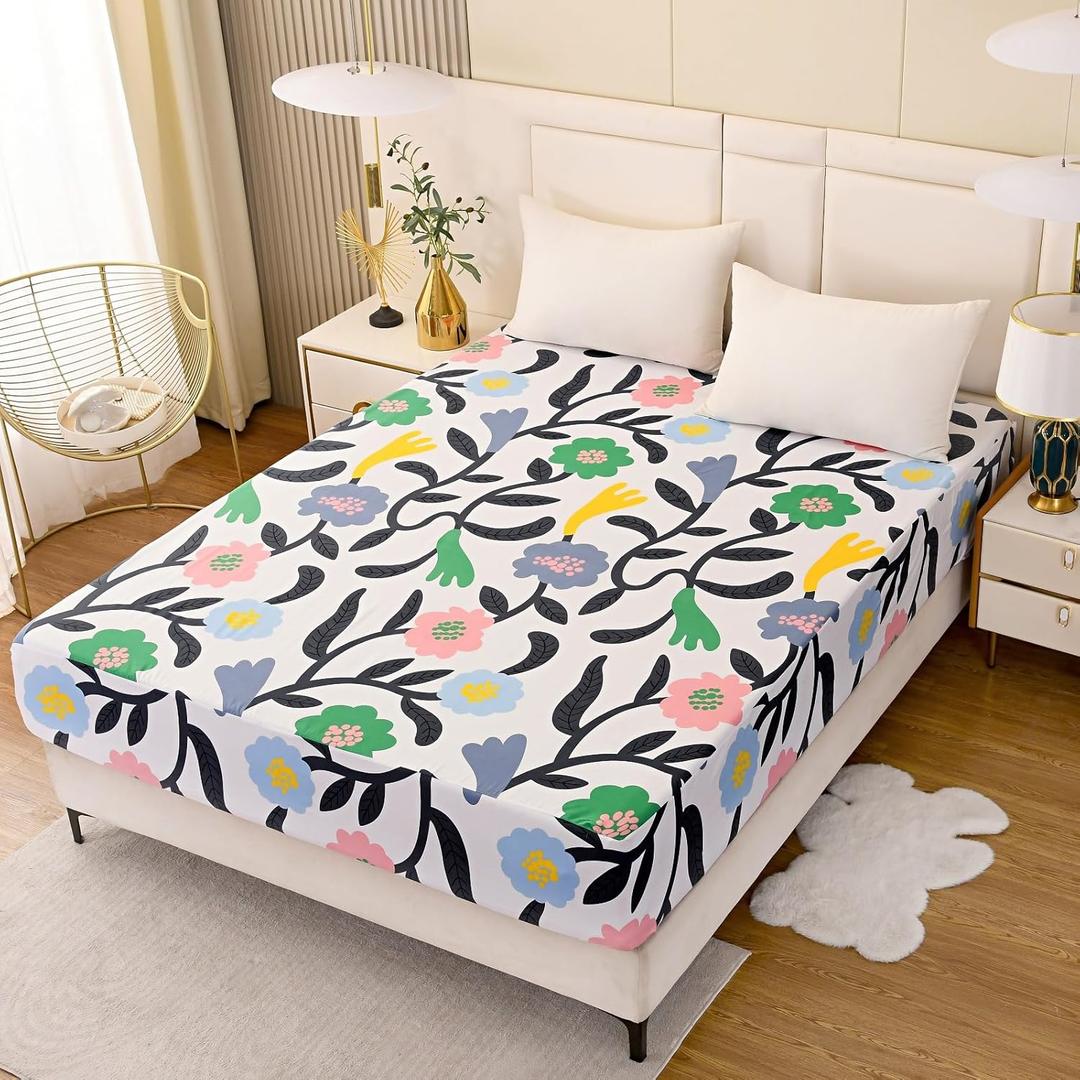 Bedding Fitted Sheet with Deep Pocket,Cute Colorful Pattern Printed Fabric Bed Sheets for Single Bed (Floral, Twin)