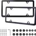 Black License Plate Frames 2 Pack, License Plate Holders Stainless Steel, Universal US Car License Plate Covers with Screws Washers Caps (4 Holes)