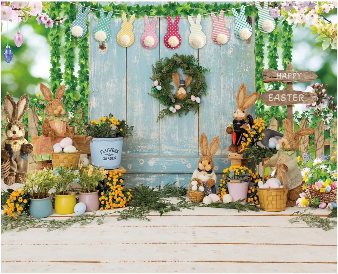 10X8FT Easter Backdrop for Photography Spring Rabbits Colorful Eggs Bule Wood Floor Background Party Decor Photo Booth Props DH-1102