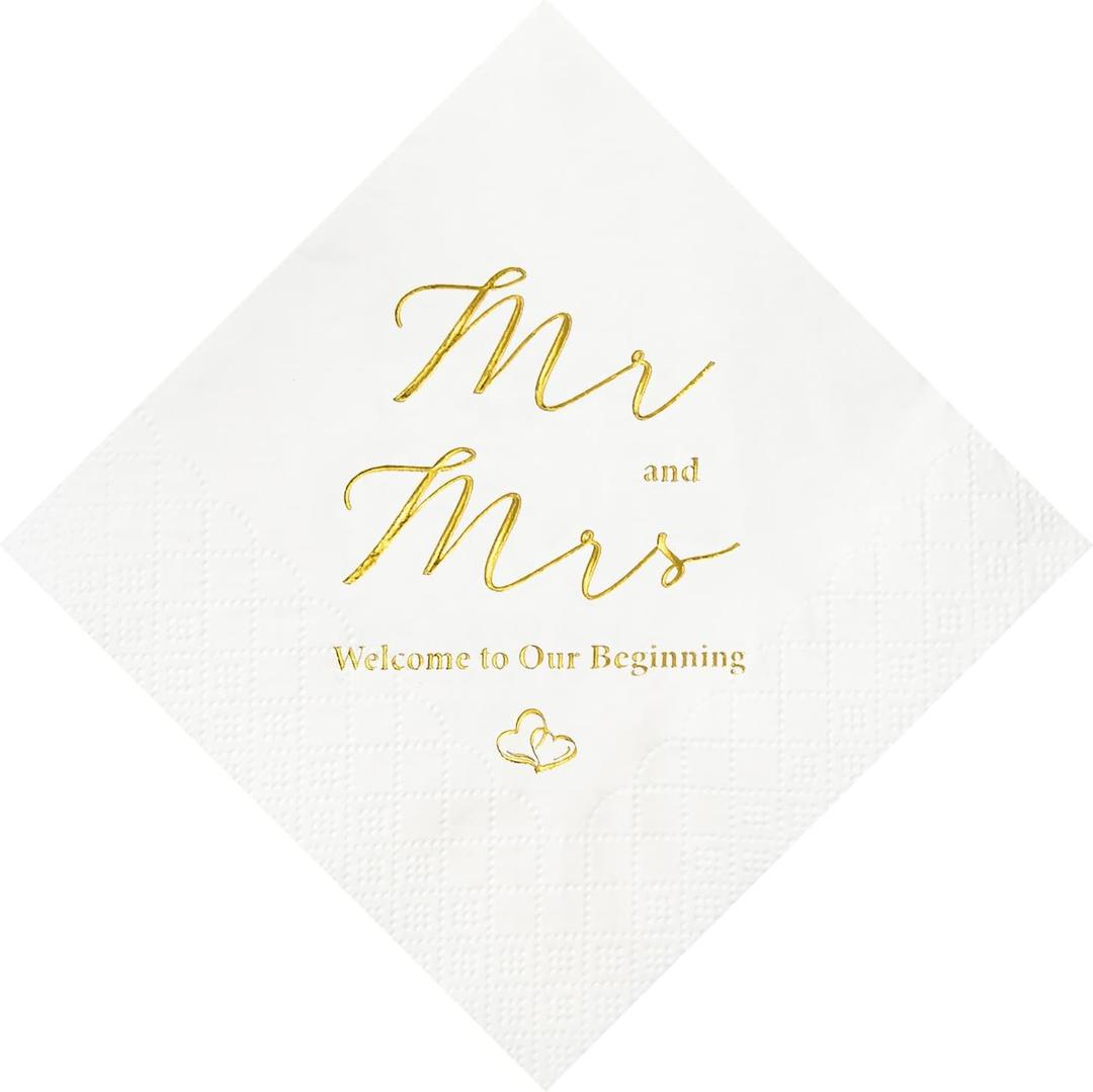 Crisky 100 Pcs Napkins for Wedding  Mr and Mrs Our Beginning Anniversary Beverage Napkins 3-Ply Gold Foil Cocktail Napkins for Wedding Anniversary Shower
