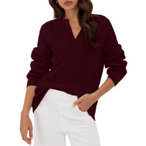ZAFUL Womens Fall Cable Knit Sweaters Long Sleeve V Neck Chunky Casual Pullover Tops 2025 Fashion Clothes Winter Trendy (Red, L)