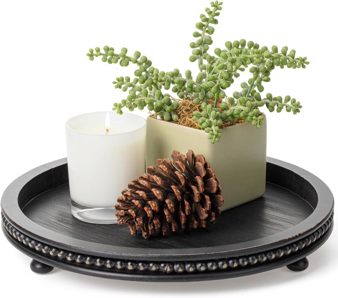 Bamboo Land- Round Decorative Trays for Coffee Table, 12", Black, Wood Tripod & Beaded Design, Wooden Round Tray for Coffee Table