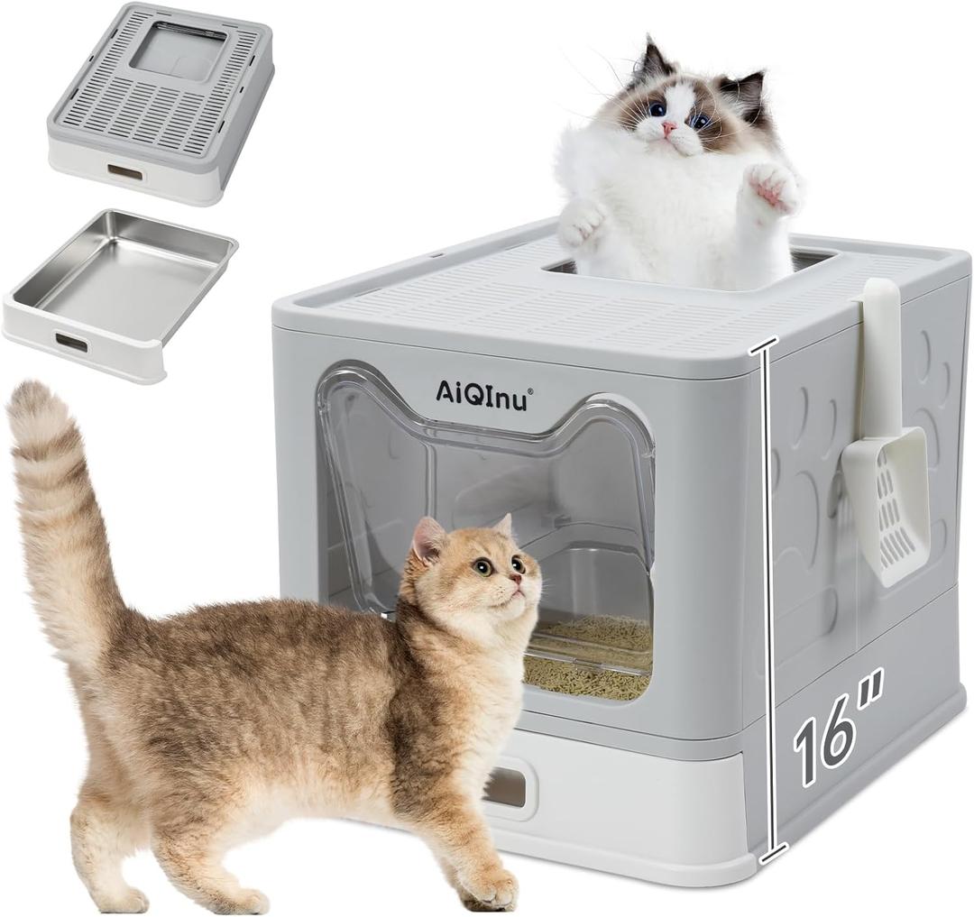 AiQInu Stainless Steel Cat Litter Box with Lid and Scoop - Up to 20 Lbs, Foldable Large Enclosed Metal Litter Box with High Sided Enclosure for Big Cats - Anti-Leakage No Smell, Easy Cleaning