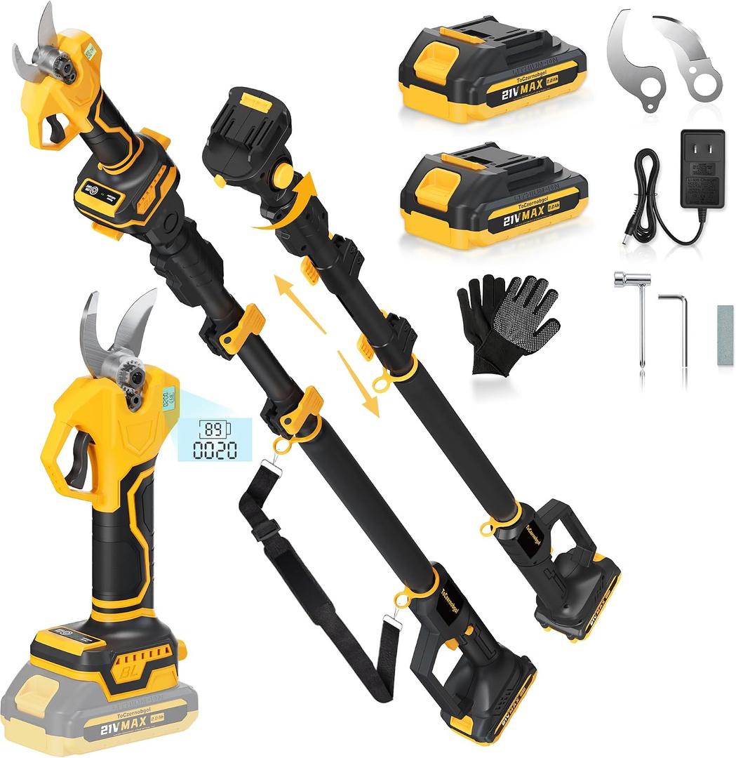 2-in-1 Cordless Pole Pruner, 2.2" Opening Electric Shears, 2×2.0Ah Battery