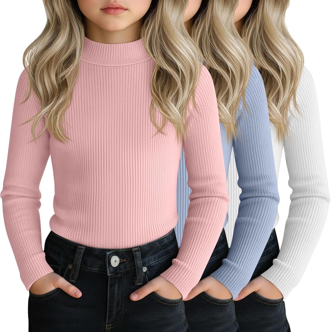 3 Pack Girls' Mock Turtleneck Shirts Cotton Long Sleeve Ribbed Tops Slim Fit Casual Base Layer for Kids Winter (7-8 Years, White, Macaron Pink, Macaron Blue)