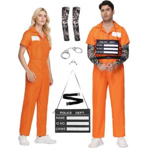 Prisoner Costume - Orange Jumpsuit for Men Woman- Halloween Prison Inmate Uniform, Unisex Jail Criminal Outfit, XL