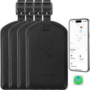 Luggage Tags Built-in Anti-Loss Tracker, Luxury Leather Luggage Tags for Suitcase, Travel Bags, Backpacks, Travel Organizer for Lost Baggage Prevention (Black*4 Pack)