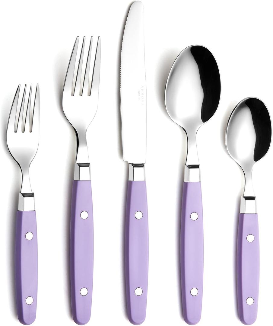 ANNOVA Silverware Set, Retro/Rivet Colorful Stainless Steel Tableware Kitchen Flatware Set Utensils, Includes Dinner Knives, Forks, Spoons, Salad Forks & Dessert Spoons (Lilac, 20 Pieces)