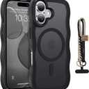 for iPhone 17 Case Cute Wavy Matte Black |Compatible with MagSafe,Color-Matched Lanyard,Military Grade Shockproof,Slim & Durable,Travel-Ready & Stylish