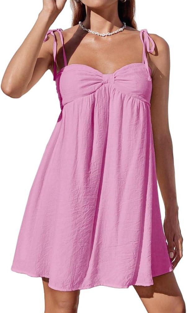 Women Sexy Tie Shoulder Cami Dress Casual Loose Sleeveless Backless Spaghetti Strap Ruched Layered Flowy Dress (Pink, M)