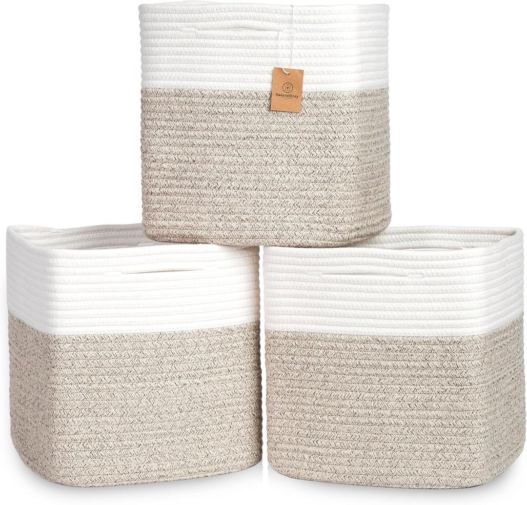 NaturalCozy 13 Inch Cube Storage Bins Cotton Rope Woven Baskets for Organizing 3-Pack | 13 x 13 Storage Cubes | Fabric Square Storage Baskets for Shelves Organizer, Kids Toy Bins, Closet Baby Nursery (Off White & Mixed Brown)