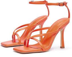 Elisabet Tang Womens Square Toe Heeled Sandals,4.3 inch Square Toe Thong Strappy Ankle Strap Stiletto Heel Sandals Wedding Dress Party Shoes Orange Size 7