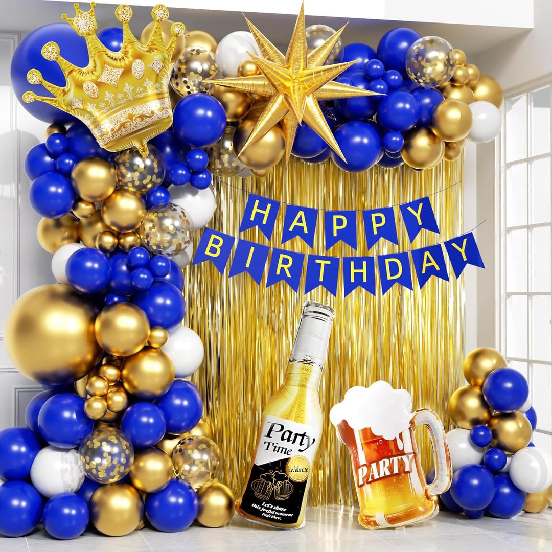 Royal Blue Gold Birthday Party Decorations with Happy Birthday Banner Foil Balloons for 16th 18th 21st 24th 32th 40th 50th 60th Birthday Decorations for Men