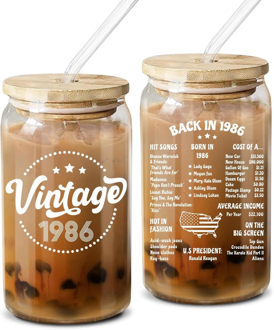 NewEleven 40th Birthday Gifts For Women, Her - 1986 40th Birthday Decorations For Women - 40 Year Old Gifts For Her, Mom, Wife, Sister, Friends - 16 Oz Coffee Glass (Vintage 1986 back in white)