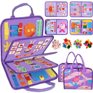 Qizfun Montessori Busy Board Book for Toddlers, Mermaid Sensory Learning Toy for Girls, Educational Fine Motor Skills Toy, Travel Busy Board for Car & Airplane