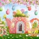 7x5ft Happy Easter Backdrops Eater Bunnies Carrot Colorful Eggs Flowers Tea Pot House Spring Easter Photography Backgrounds Boys and Girls Photo Studio Props Birthday Party Decorations