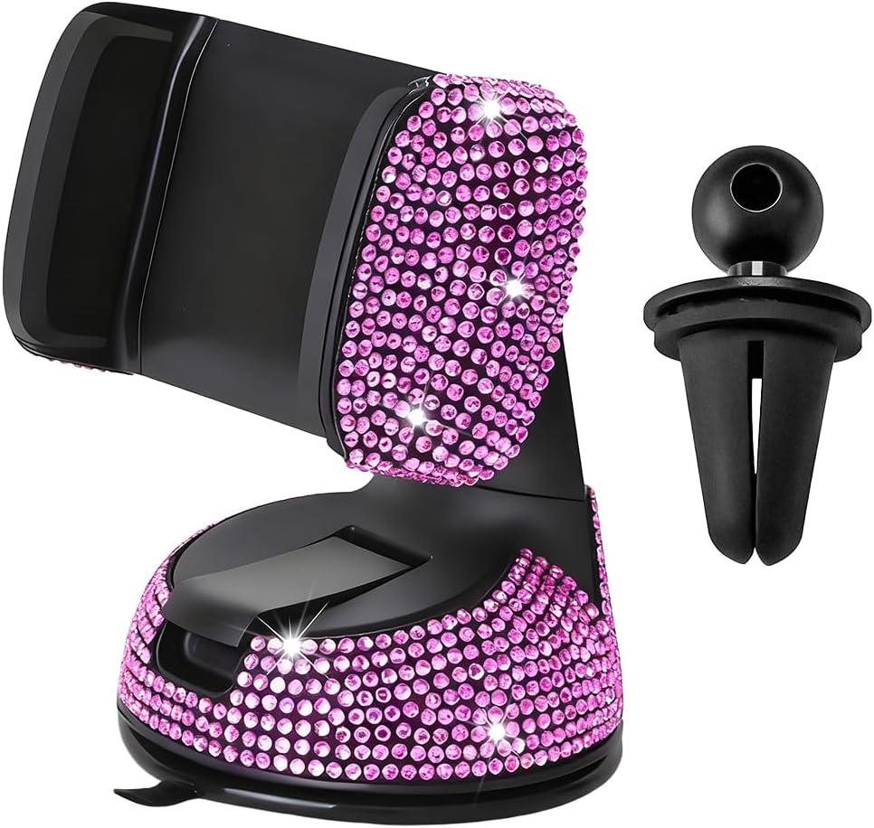 Bling Car Phone Holder, Rhinestone Vehicle Windshield Dashboard Cellphones Mount with Clamp, 360Adjustable Diamond Automotive Air Vent Smartphones Stand, Universal Fit (Pink)