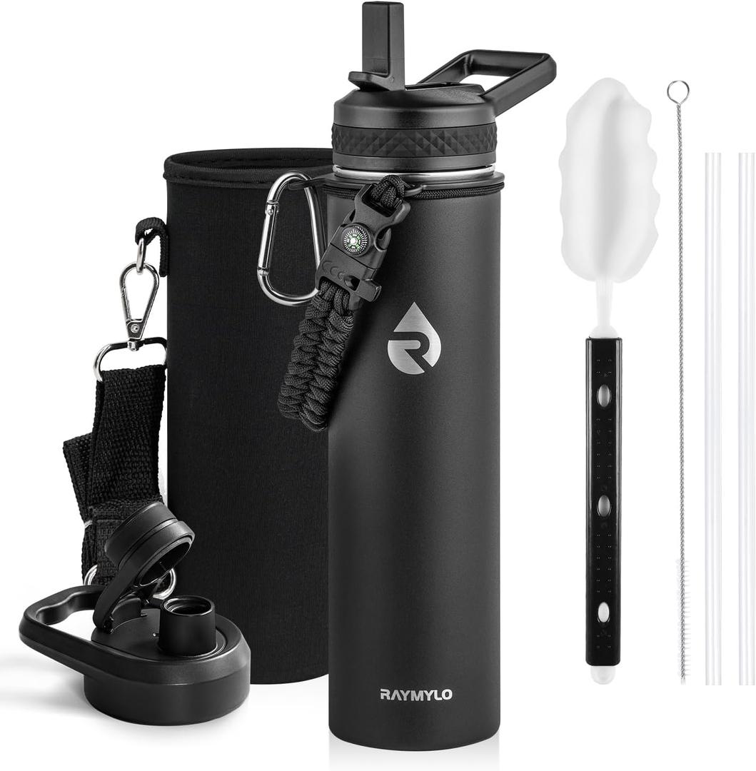 RAYMYLO Insulated Water Bottle 24oz, Triple Wall Vacuum Stainless Steel (Cold for 24Hrs, Hot for 12Hrs), Leak Proof & Non-BPA, 24oz Hydro Water Flask with Paracord Handle & Straw Spout Lids (Magic Black)