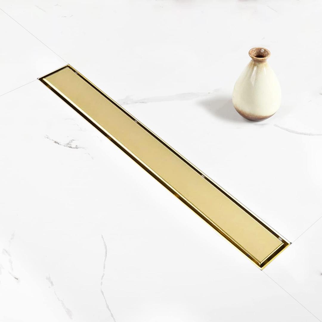 Linear Shower Drain, 24 inch Gold Drain with Tile Insert 2-in-1 Panel, Brushed 304 Stainless Steel Gold Shower Floor Drain, Linear Drain with Hair Strainer and Adjustable Feet
