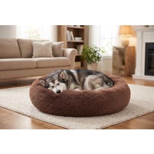 SAVFOX 36 inches Calming Donut Dog Bed - 3X Durable Plush Faux Fur, Machine Washable & Non-Slip, Fits up to 100 lbs, Brown