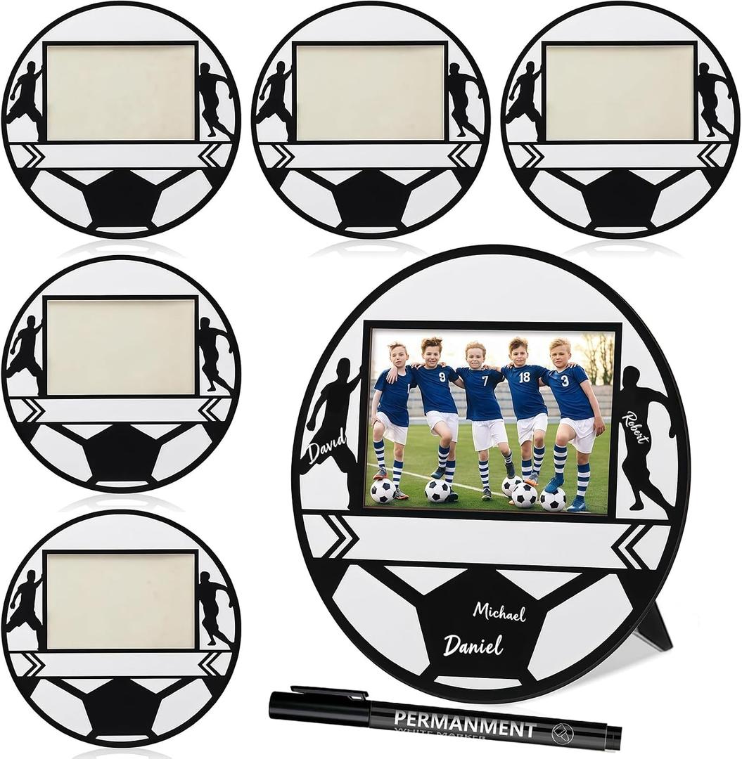 6 Pcs Soccer Picture Frames Soccer Pattern Photo Frames Wooden Photo Sport Picture Frames with Signature Pens for Home Display Party Birthday Gifts