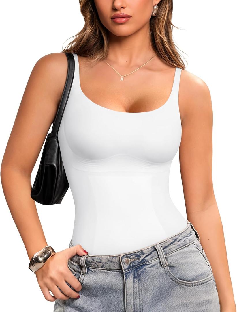 LODAY Compression Tank Tops Women Shapewear Tummy Control Body Shaper Scoop Neck Camisole Tops (Large, White)