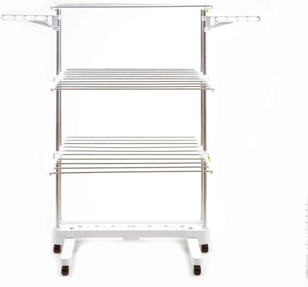 Laundry Drying Rack Drying Racks Stainless Steel Multifunctional Mobile Folding Floor Rack for Clothes Drying Storage Indoor Balcony (White)