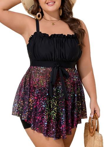 Summer Mae Plus Size Swimsuit for Women Two Piece Swim Dress with Boyshorts Flowy Bathing Suit Modest Tankini Colorful Ball 18 Plus, 18W