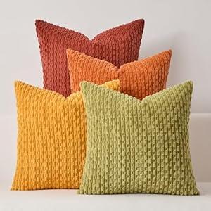 Kevin Textile Fall Decorative Pillow Covers 16x16 Inch Set of 4 Soft Boho Corduroy Throw Pillow Cases Mix and Match Colors Plush Texture Pillows for Sofa Couch Bedroom Home Decor Cream Green/ Orange