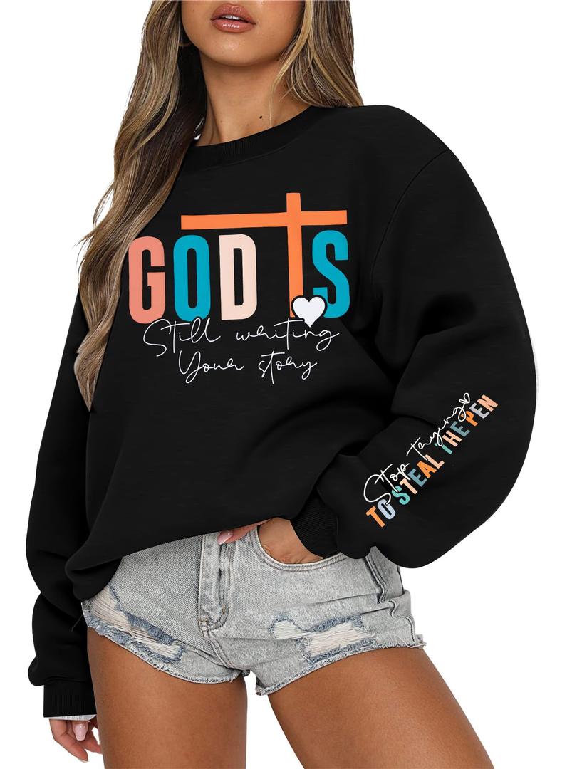 FASHGL Christian Sweatshirts Women Jesus Sweatshirt - Spirit Lead Me Shirt God Shirts Religious Crewneck Long Sleeve Top Black,smal