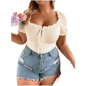 SOLY HUX Women's Plus Size T Shirts Frill Tie Front Sweetheart Neck Tee Puff Short Sleeve Summer Tops Size L No Tag
