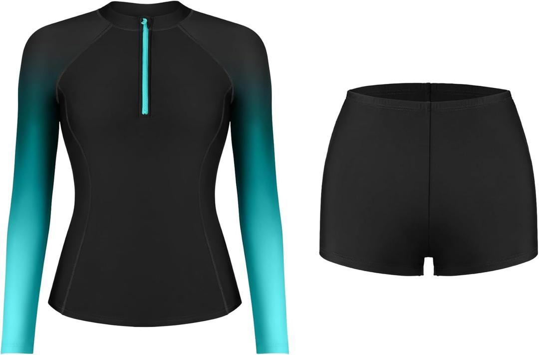 ATTRACO Womens Rashguard Sets Sun Protection Swim Shirts Long Sleeve Swimsuits with Boyshort Bottom Green M