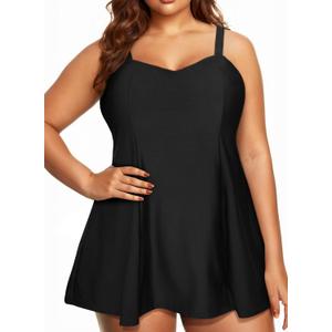 Aleumdr Women's Plus Size One Piece Swimsuit Tummy Control One Piece Bathing Suit with Skirt Vintage Swimdress with Pockets (X-Large, Black)