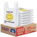 Fuxury 1000 Count Happy Smiling Face Thank You Plastic Bags (11.5 x 6.5 x 21) White, Have a Nice Day T-shirt Bags for Business, Grocery, Take Out, To Go, Retail Shopping in Bulk (Made in USA)