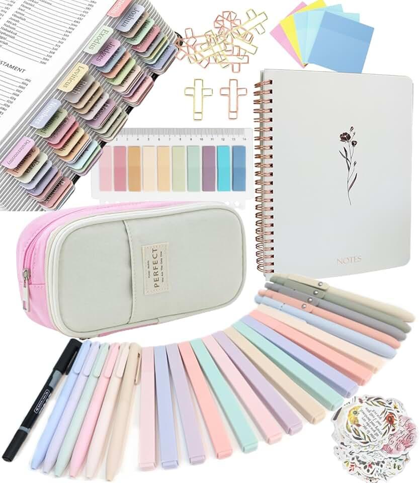 Bible Study Supplies Journaling Kit With Tabs, Highlighter, Notebook and Pen Case - Annotation Kit, Study Group Essentials Accessories Set for Women, Students, Beginner Christian Gifts