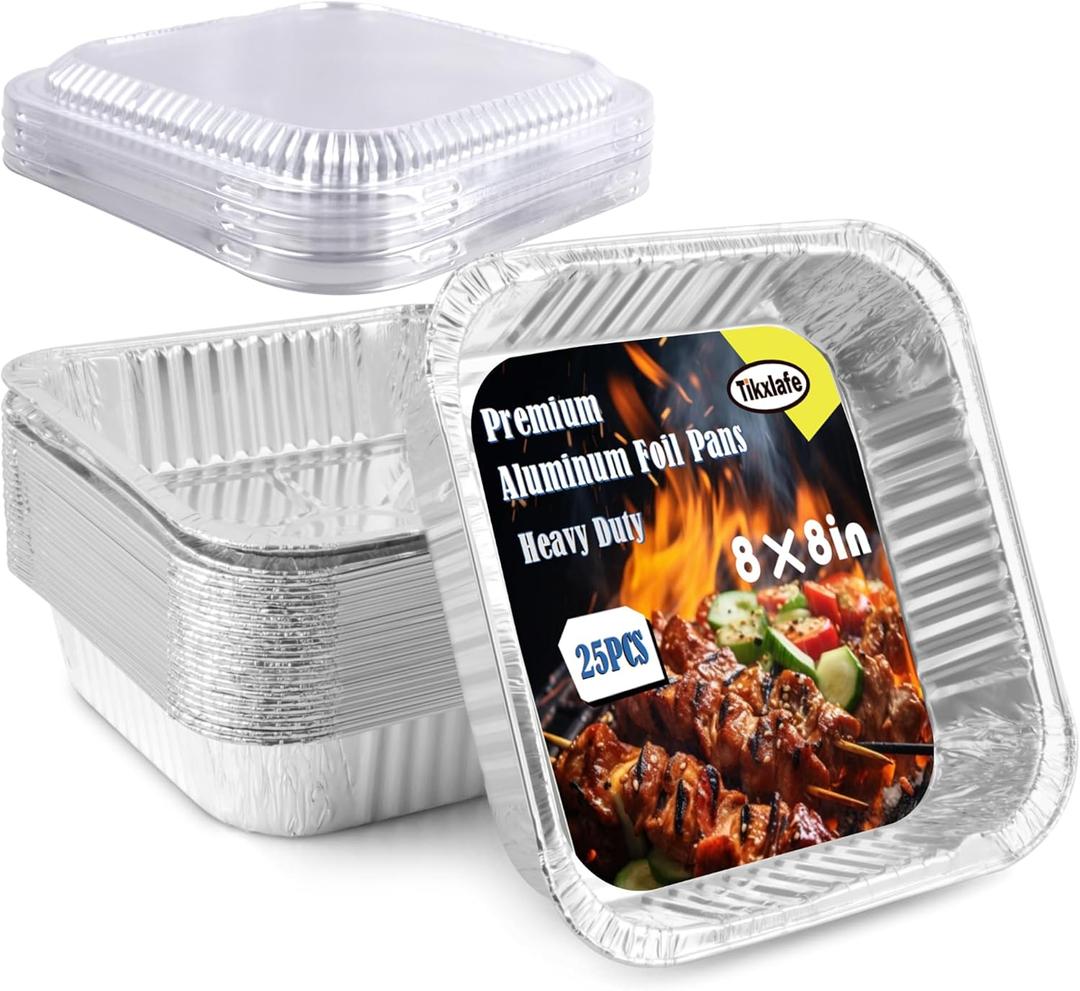 25 Pack 8x8 Aluminum Foil Pans with Lids-Disposable Square Baking Pans for Cooking, Baking, Storing, and Prepping Food - Ideal for Cakes, Breads, and Roasting