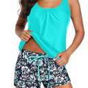 Aqua Eve Two Piece Women's Tankini Swimsuits Blouson Swim Tank Top with Shorts Modest Bathing Suits Blue Green Flower 22W
