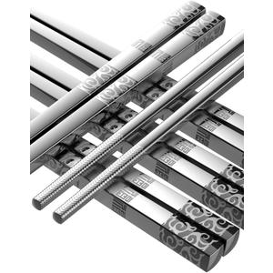 Metal Chopsticks Reusable 5 Pairs Stainless Steel Chopsticks Dishwasher Safe Square Lightweight Non-Slip Chop Sticks Present Set (Silver)