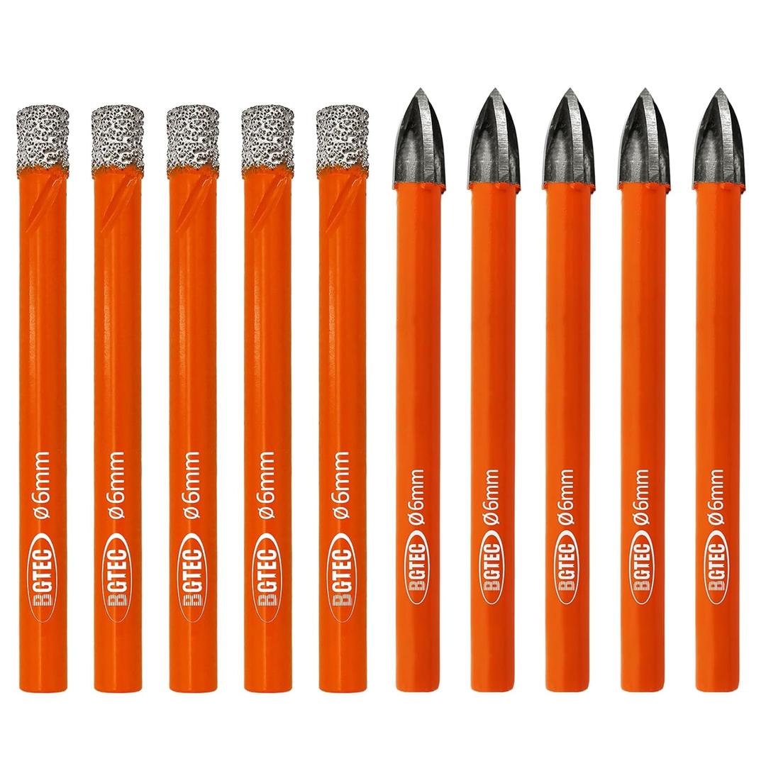 BGTEC Dry Diamond Drill Bits Set - 5pcs 1/4" Tile Drill Bits and 5pcs 1/4" Carbide Drill for Granite Marble Porcelain Ceramic