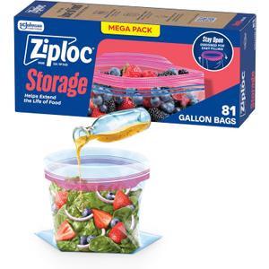 Ziploc Gallon Food Storage Bags, Stand-Up Bottom, Easy to Fill, 81 Count