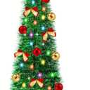 5 Ft Pop Up Pencil Christmas Tree with Timer 60 Warm White & Multicolor Change Lights, Pop Up Tinsel Christmas Tree with 16 Ball Ornaments 8 Bows 1 Minute Xmas Tree Home Indoor Christmas Decorations (Green)